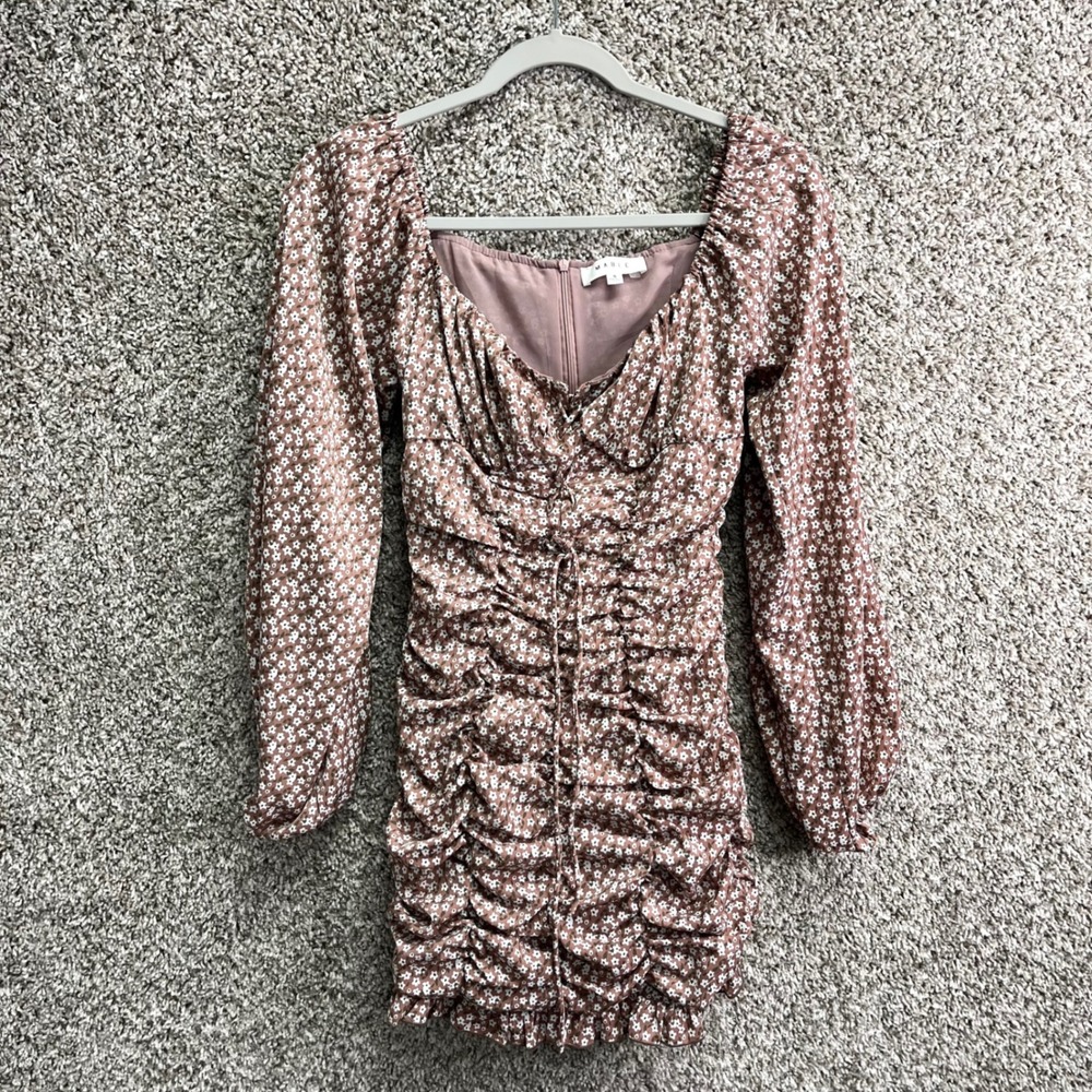 Mable‎ Dress Women's Small Brown Floral Ruched Long Sleeve Mini
